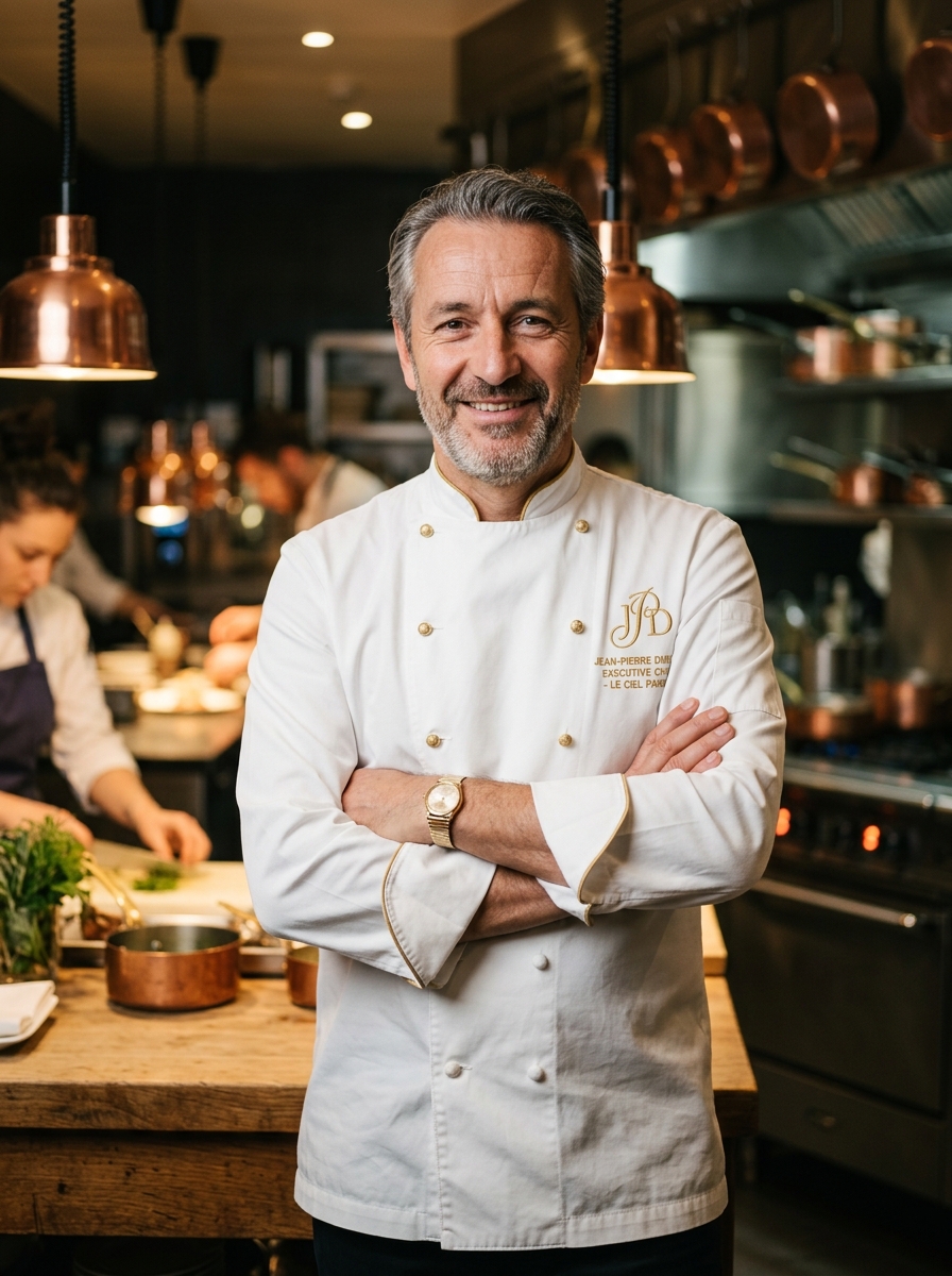 Executive Chef styling a gourmet plate in a dimly lit luxury kitchen