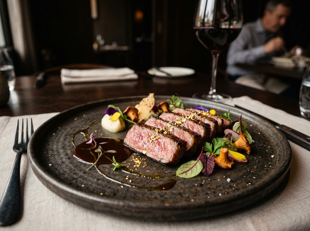 Exquisite sliced A5 Wagyu beef steak with gold flakes and microgreens