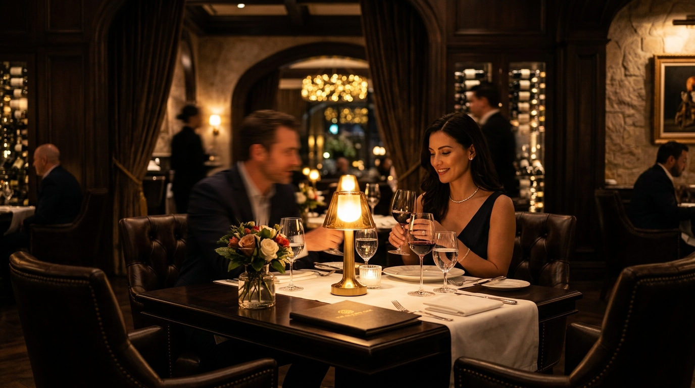 Luxury restaurant ambiance with warm glowing lamps