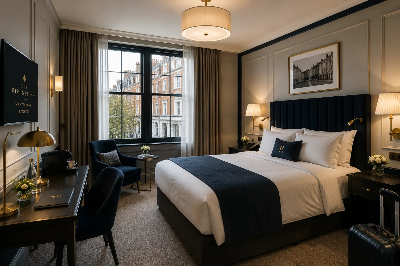 Classic Room with navy headboard, brass reading lamps, and a view over a Marylebone street