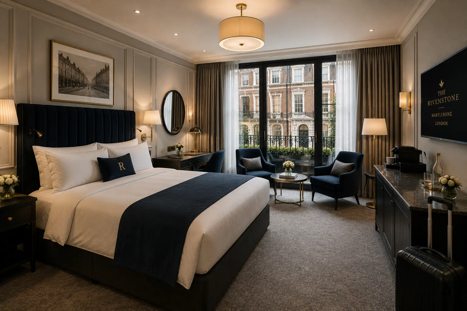 Deluxe room with navy velvet headboard, sitting area, and a balcony overlooking a Marylebone garden square