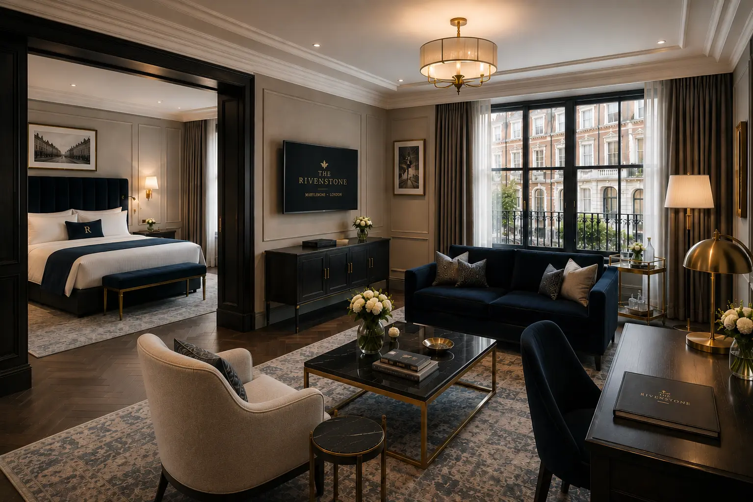 The Rivenstone Suite, with a separate living room and the bedroom visible through an open archway